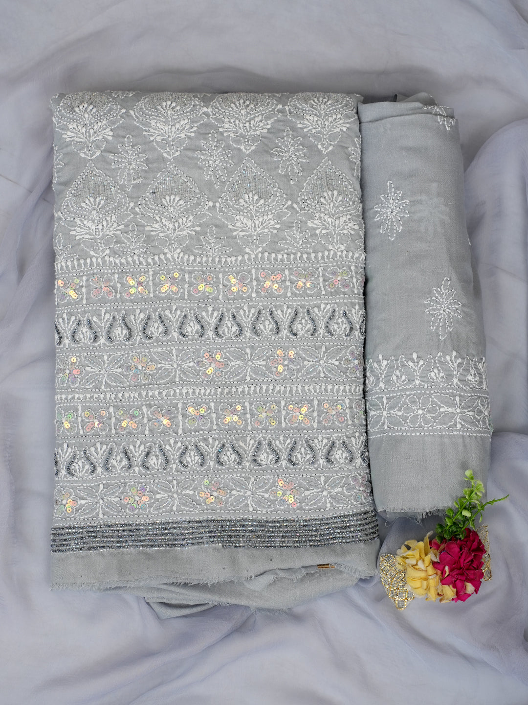 Ada Hand Embroidered Grey Cotton Lucknowi Chikankari Unstitched Suit Piece With Sequinned Work 01A388893