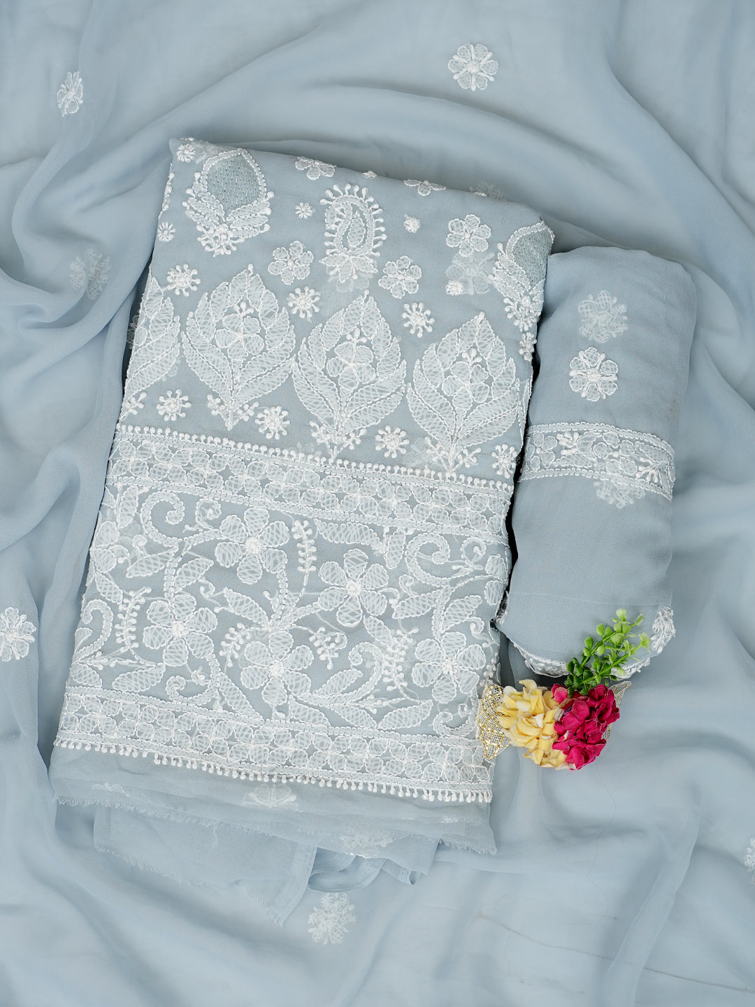 Ada Hand Embroidered Grey Faux Georgette Lucknowi Chikankari Unstitched Suit Piece 01A1000766
