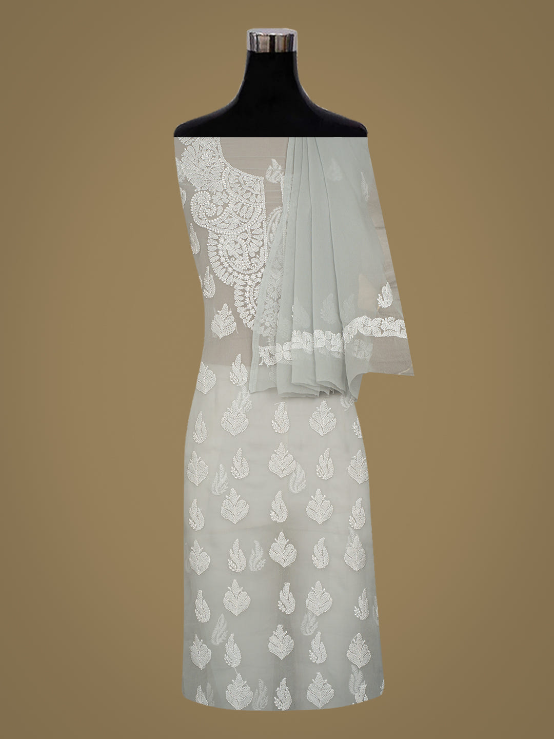 Ada Hand Embroidered Grey Faux Georgette Lucknowi Chikankari Unstitched Suit Piece_2