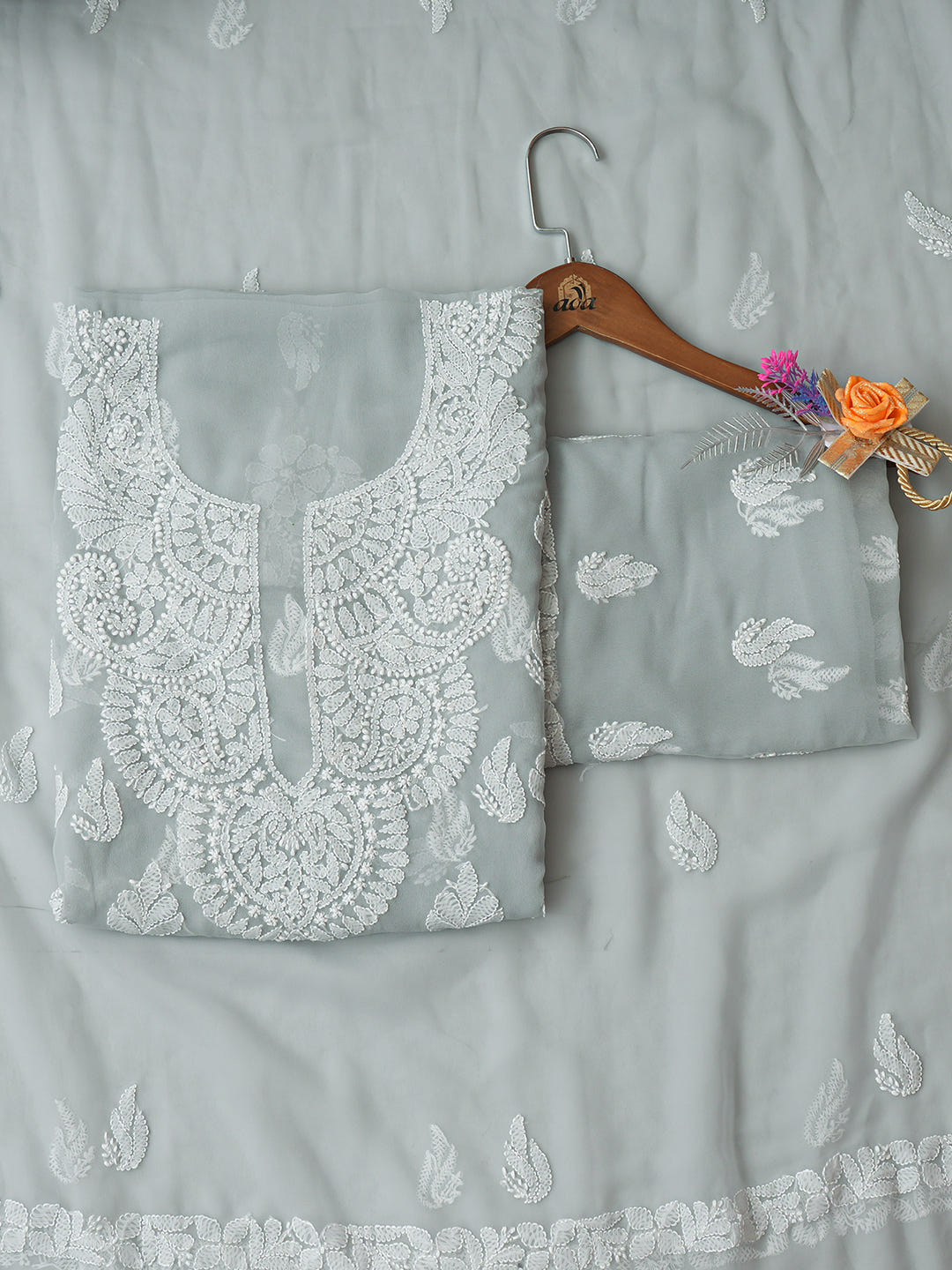 Ada Hand Embroidered Grey Faux Georgette Lucknowi Chikankari Unstitched Suit Piece_1