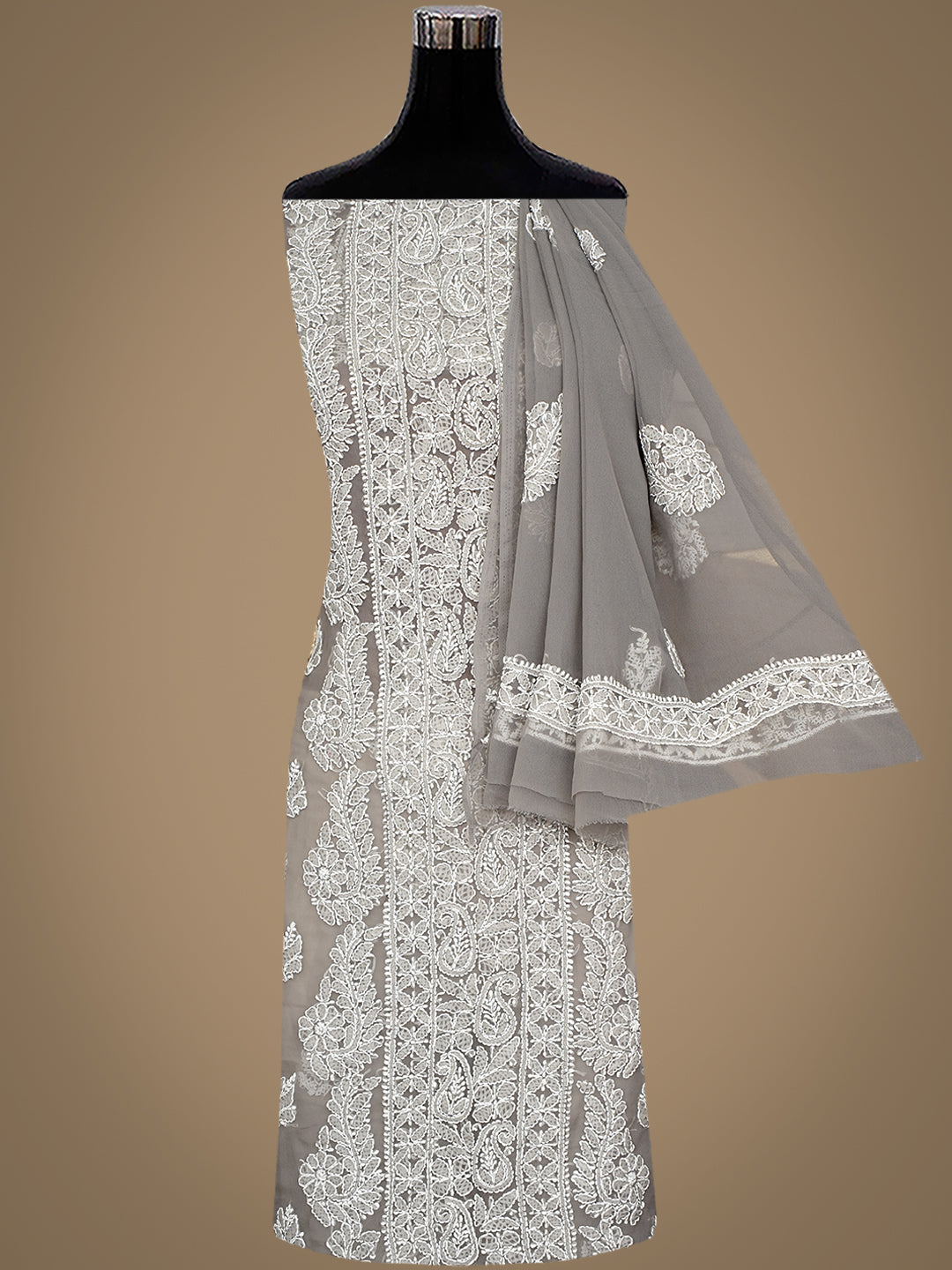 Ada Hand Embroidered Grey Faux Georgette Lucknowi Chikankari Unstitched Suit Piece 01A989162