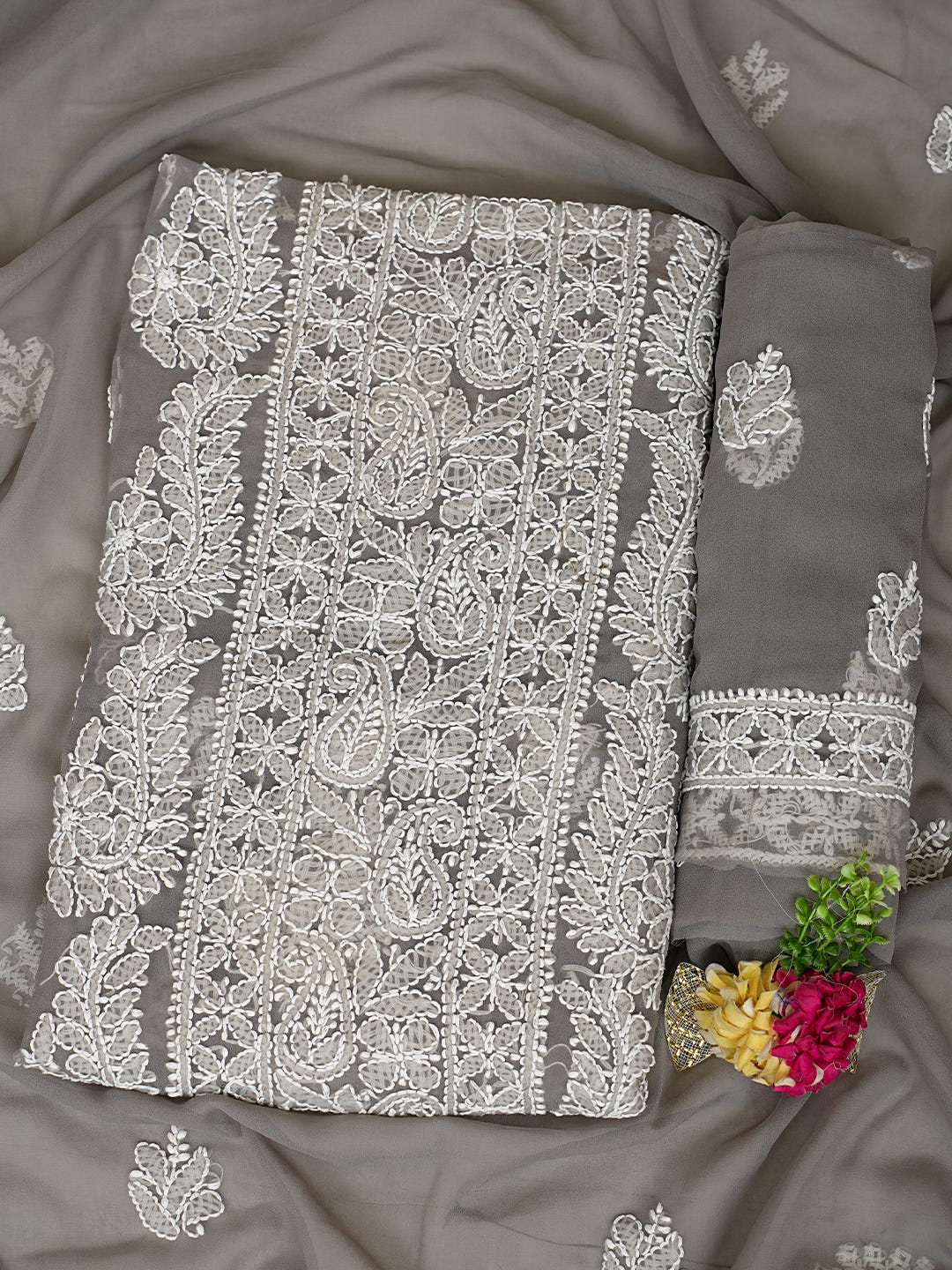 Ada Hand Embroidered Grey Faux Georgette Lucknowi Chikankari Unstitched Suit Piece 01A989162