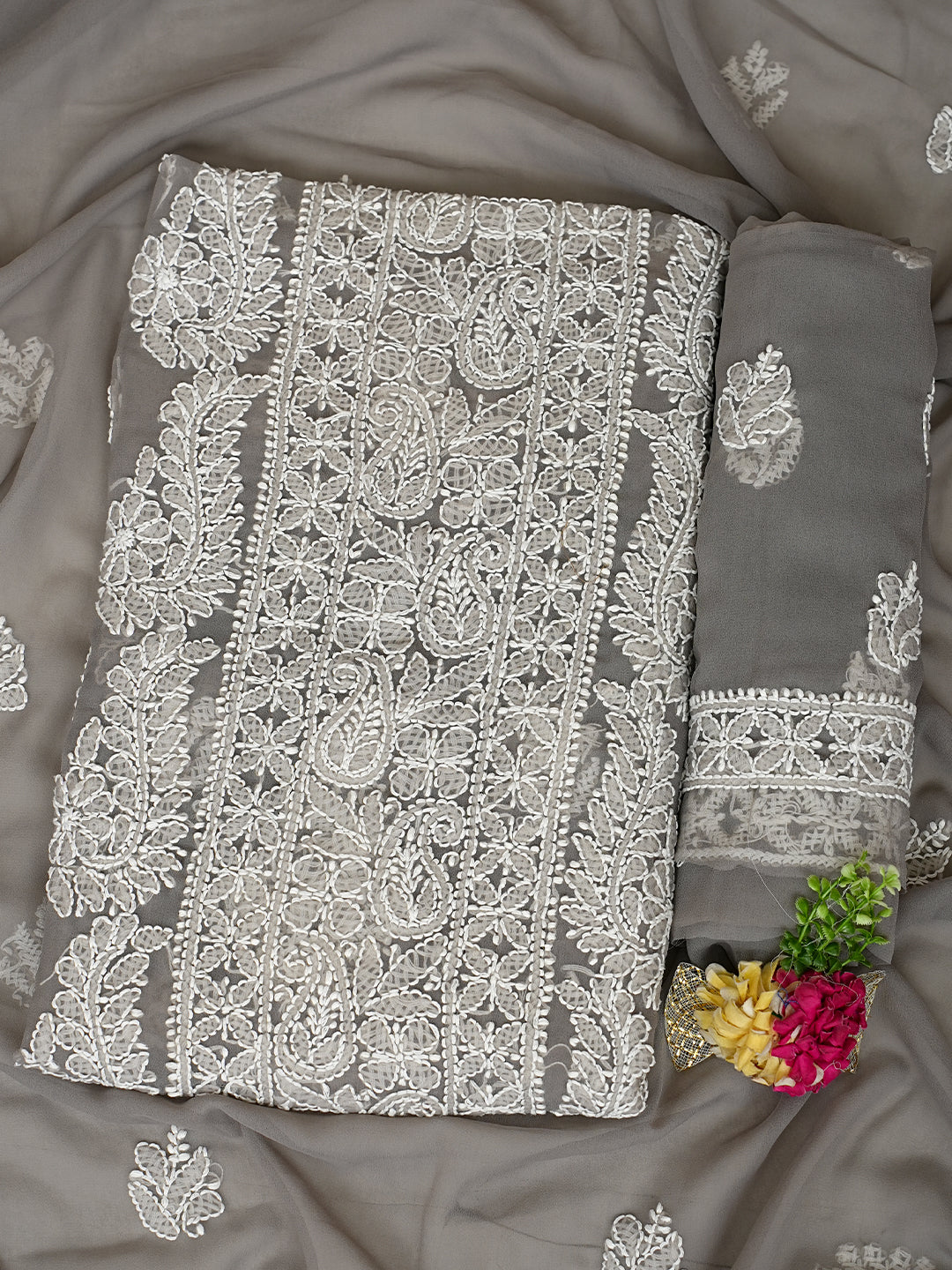 Ada Hand Embroidered Grey Faux Georgette Lucknowi Chikankari Unstitched Suit Piece 01A989162
