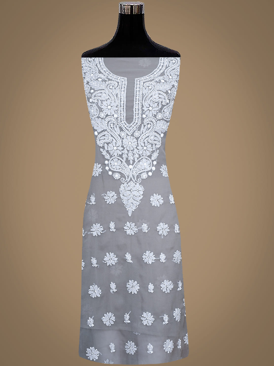 Ada Hand Embroidered Grey Faux Georgette Lucknowi Chikankari Unstitched Suit Piece 01A989170