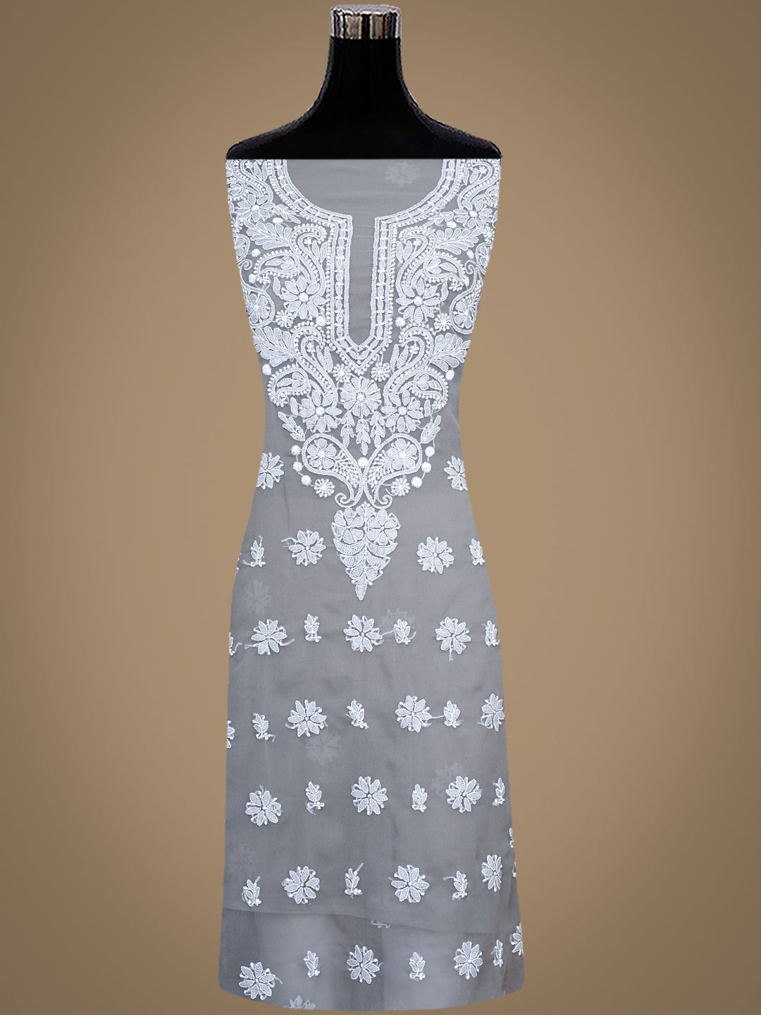 Ada Hand Embroidered Grey Faux Georgette Lucknowi Chikankari Unstitched Suit Piece 01A989170