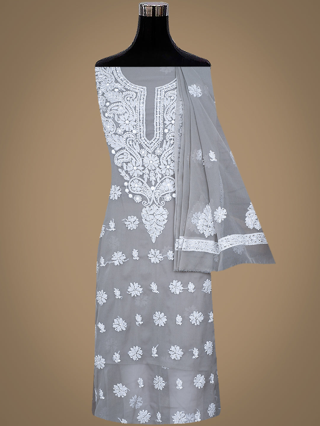 Ada Hand Embroidered Grey Faux Georgette Lucknowi Chikankari Unstitched Suit Piece 01A989170