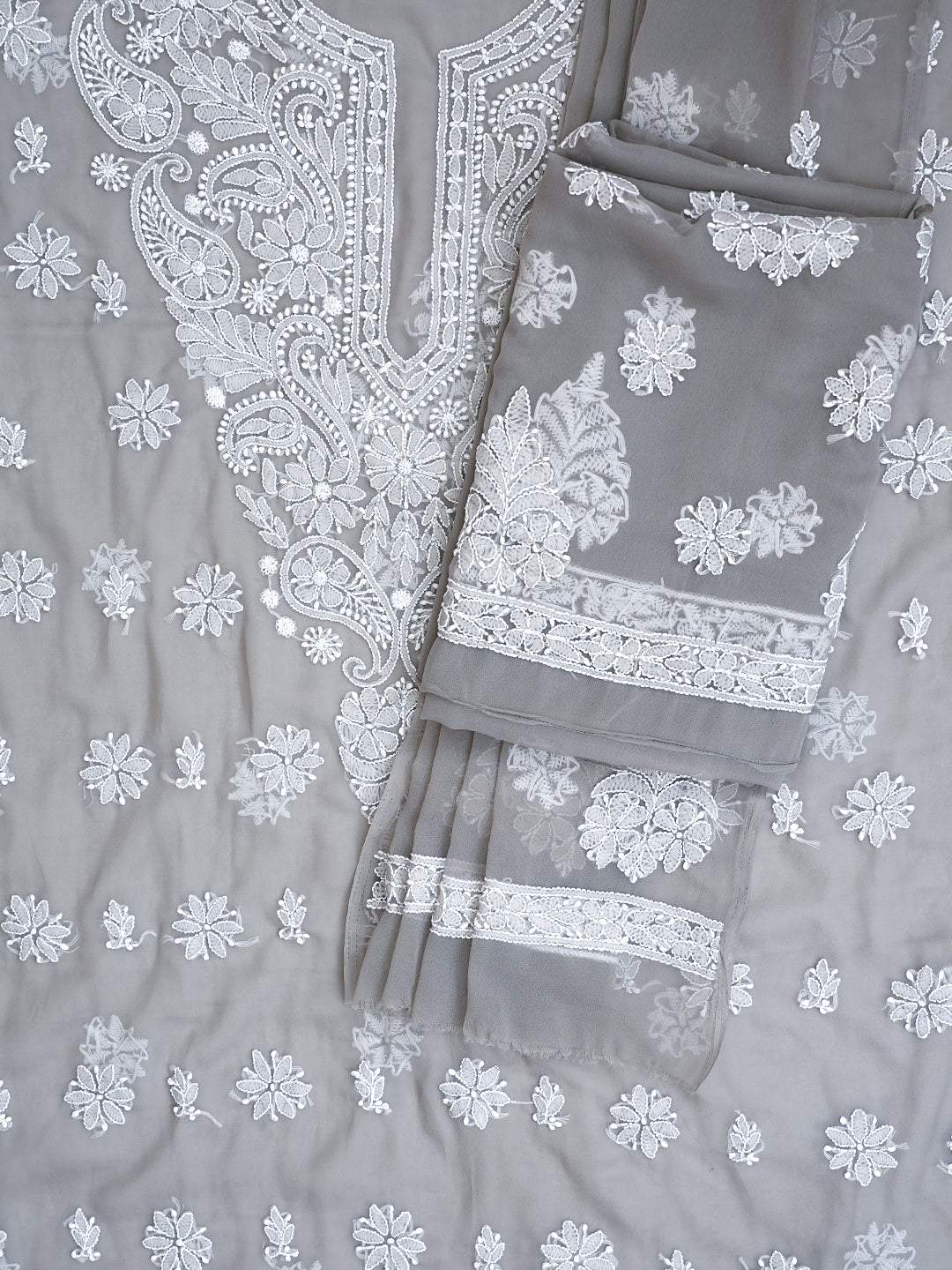 Ada Hand Embroidered Grey Faux Georgette Lucknowi Chikankari Unstitched Suit Piece 01A989170