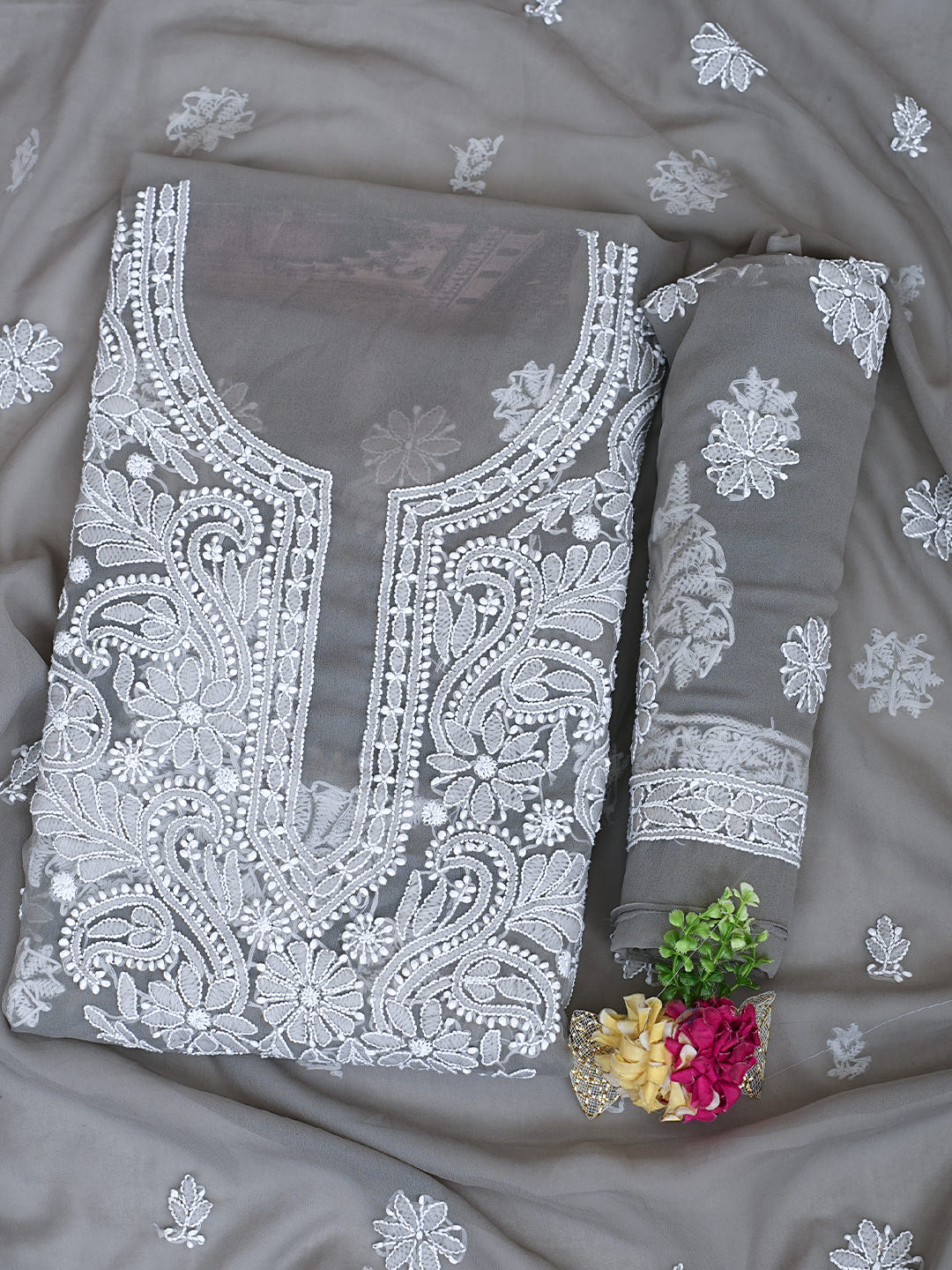 Ada Hand Embroidered Grey Faux Georgette Lucknowi Chikankari Unstitched Suit Piece 01A989170