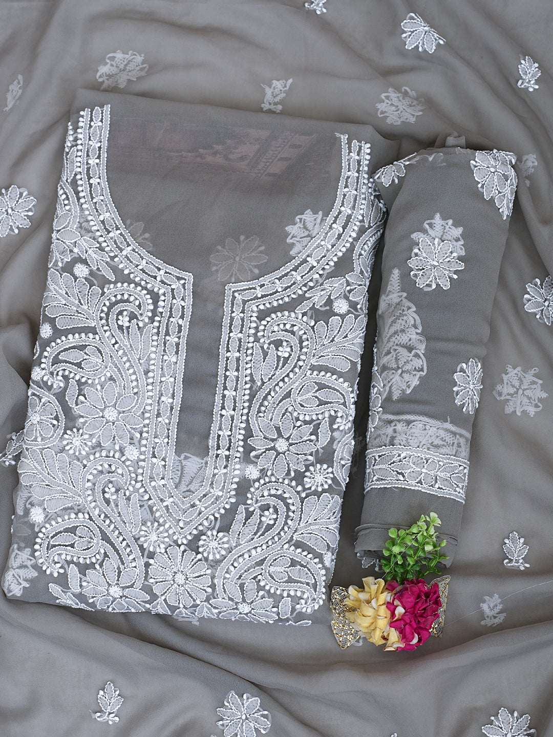 Ada Hand Embroidered Grey Faux Georgette Lucknowi Chikankari Unstitched Suit Piece 01A989170
