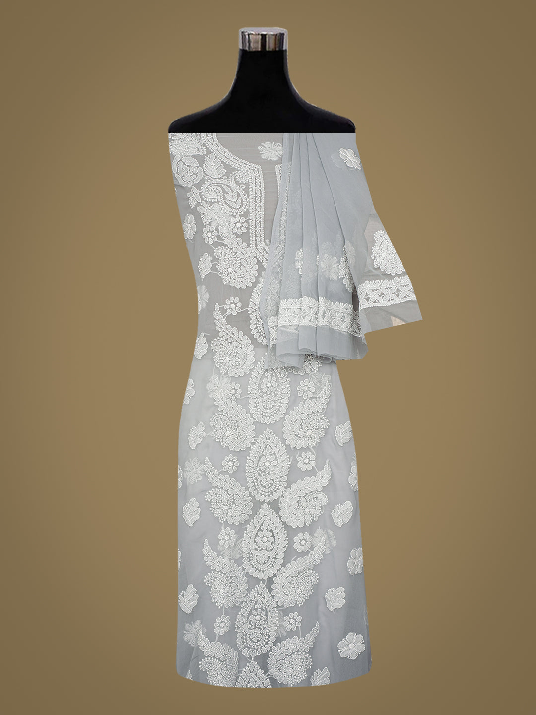 Ada Hand Embroidered Grey Faux Georgette Lucknowi Chikankari Unstitched Suit Piece 01A989173