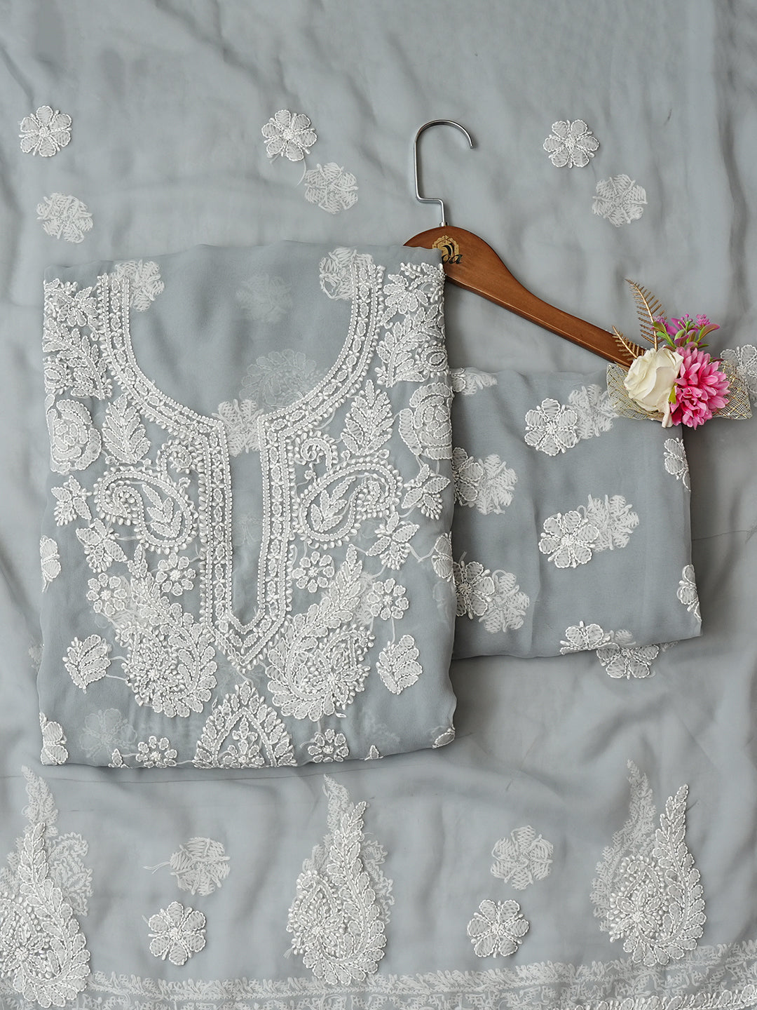 Ada Hand Embroidered Grey Faux Georgette Lucknowi Chikankari Unstitched Suit Piece 01A989173