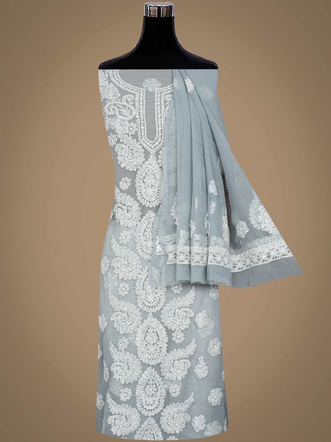 Ada Hand Embroidered Grey Faux Georgette Lucknowi Chikankari Unstitched Suit Piece 01A989174