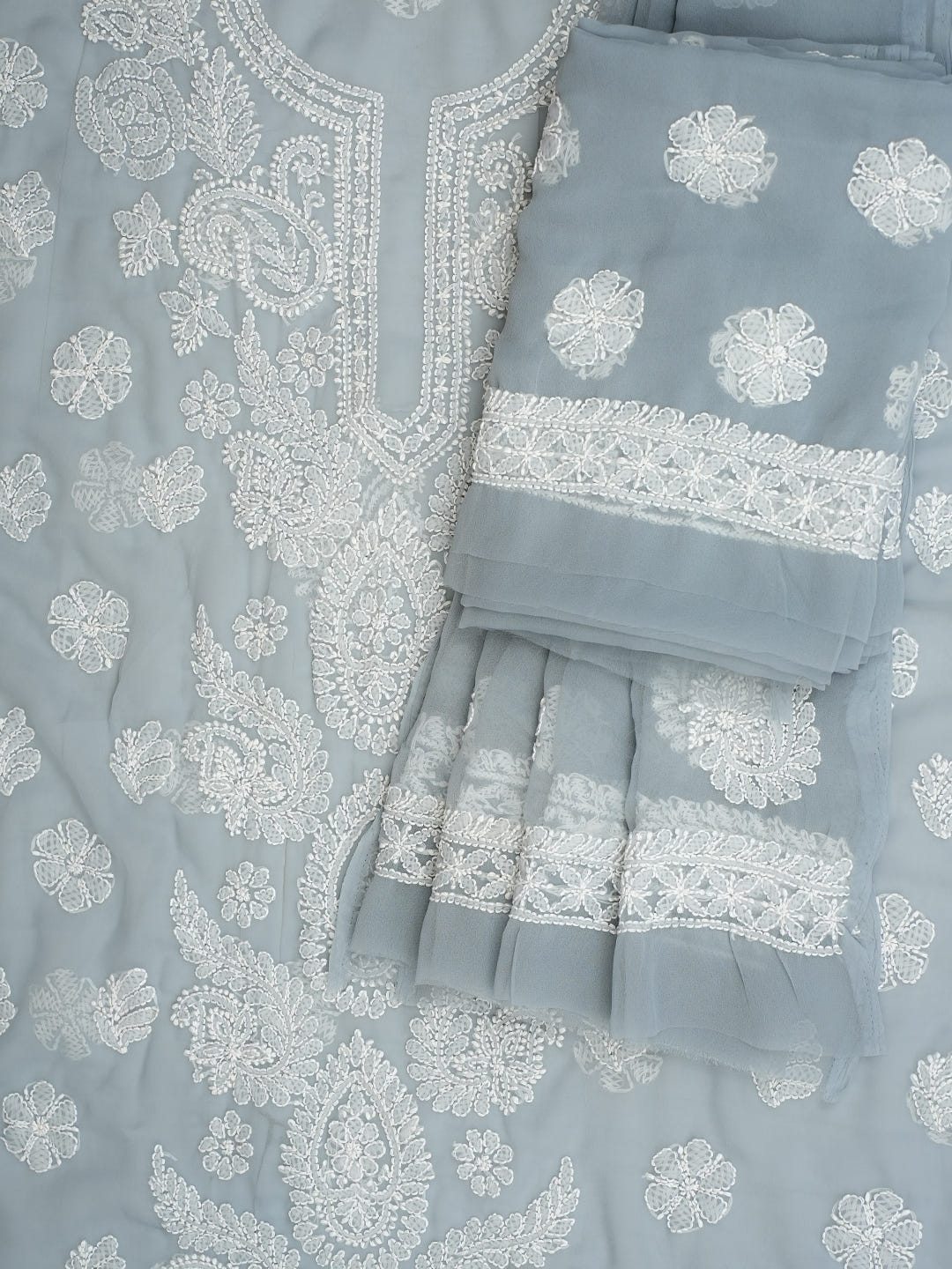 Ada Hand Embroidered Grey Faux Georgette Lucknowi Chikankari Unstitched Suit Piece 01A989174
