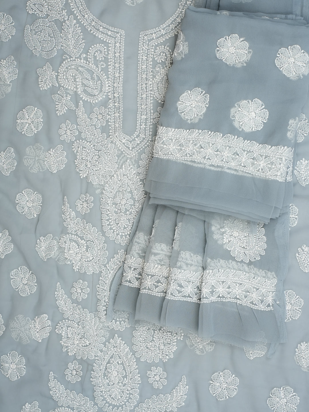 Ada Hand Embroidered Grey Faux Georgette Lucknowi Chikankari Unstitched Suit Piece 01A989174