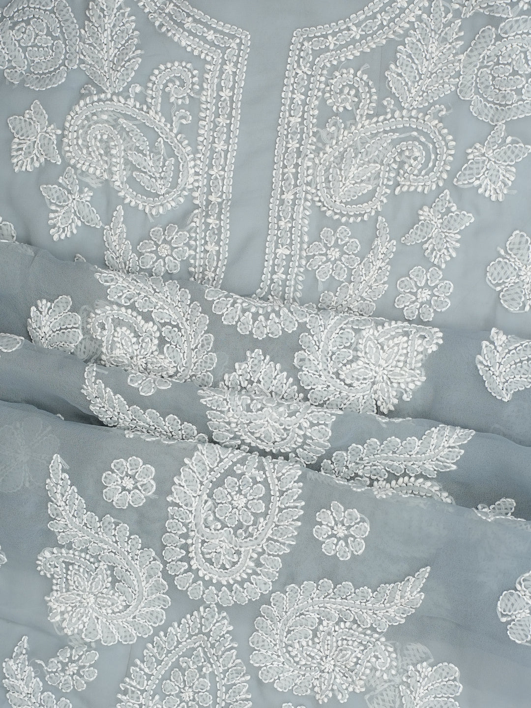 Ada Hand Embroidered Grey Faux Georgette Lucknowi Chikankari Unstitched Suit Piece 01A989174