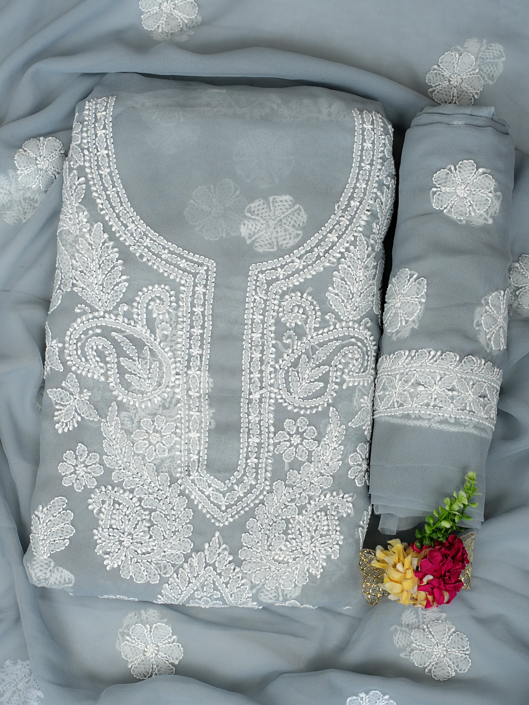 Ada Hand Embroidered Grey Faux Georgette Lucknowi Chikankari Unstitched Suit Piece 01A989174