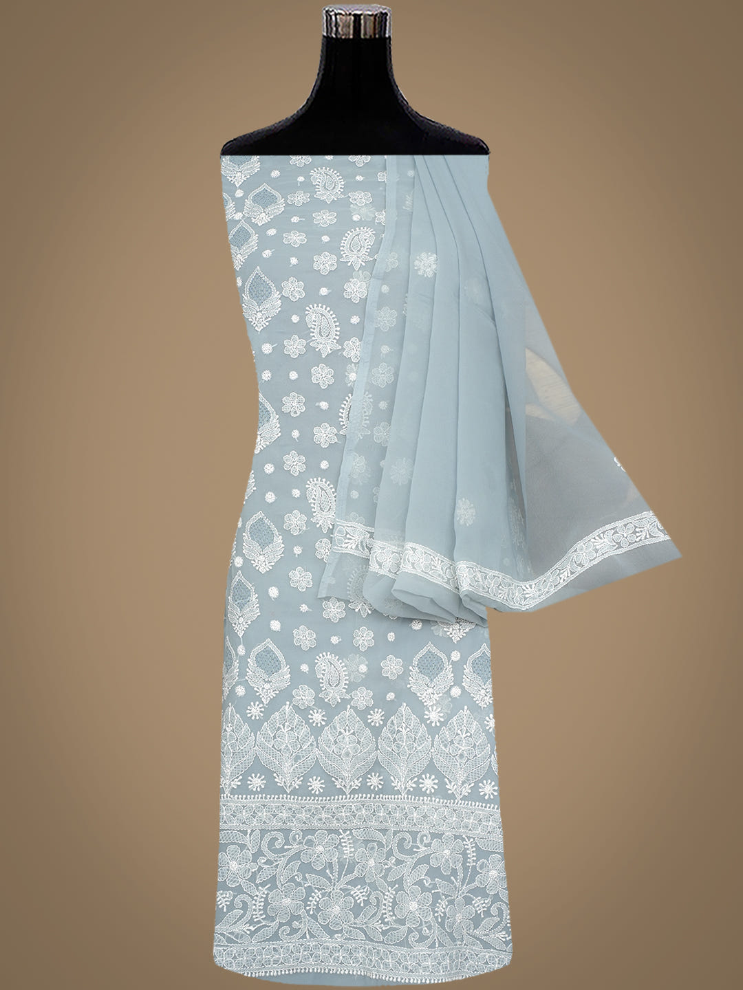 Ada Hand Embroidered Grey Faux Georgette Lucknowi Chikankari Unstitched Suit Piece 01A1000768
