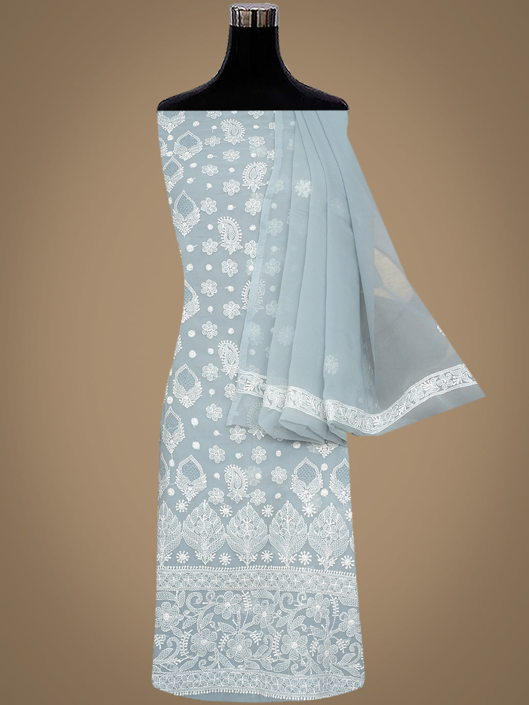 Ada Hand Embroidered Grey Faux Georgette Lucknowi Chikankari Unstitched Suit Piece 1A1000768