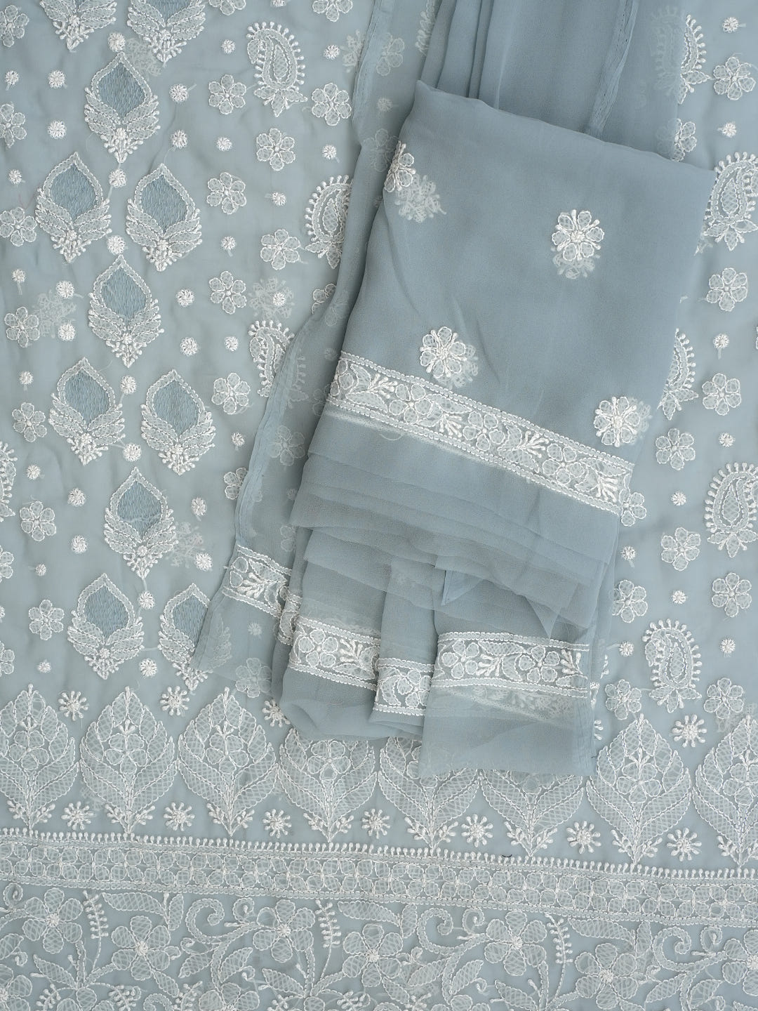 Ada Hand Embroidered Grey Faux Georgette Lucknowi Chikankari Unstitched Suit Piece 01A1000768