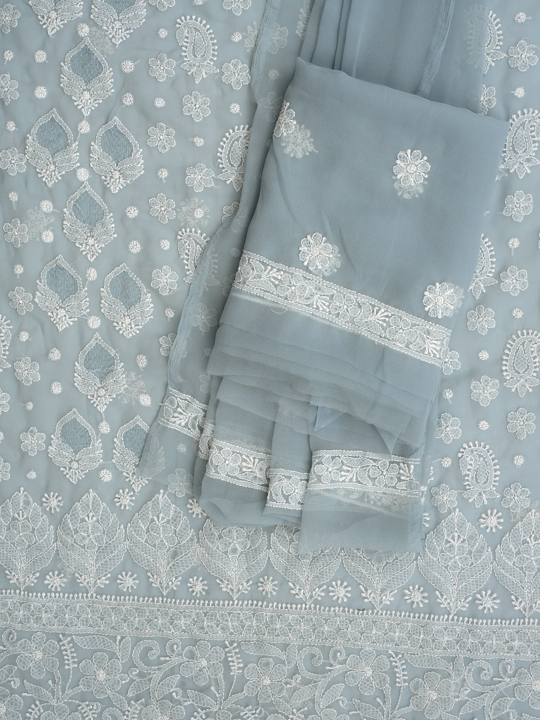 Ada Hand Embroidered Grey Faux Georgette Lucknowi Chikankari Unstitched Suit Piece 1A1000768