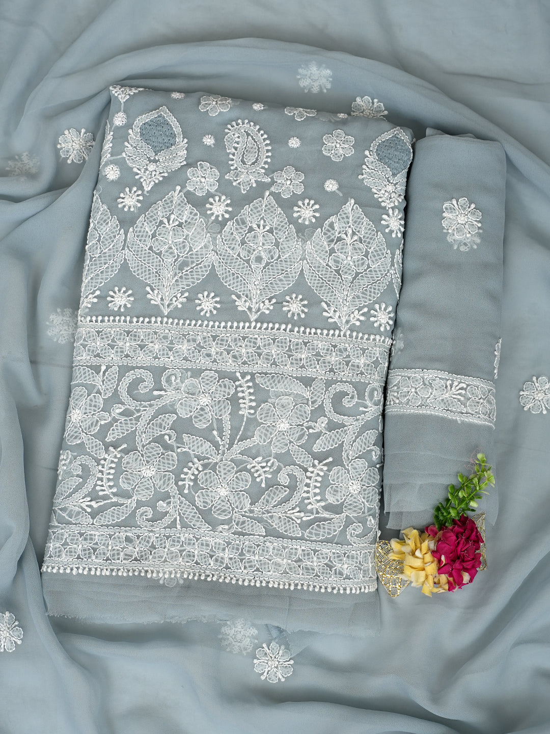 Ada Hand Embroidered Grey Faux Georgette Lucknowi Chikankari Unstitched Suit Piece 1A1000768