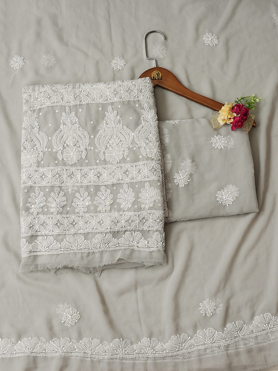 Ada Hand Embroidered Grey Faux Georgette Lucknowi Chikankari Unstitched Suit Piece With Cutdana Wrok 01A984939