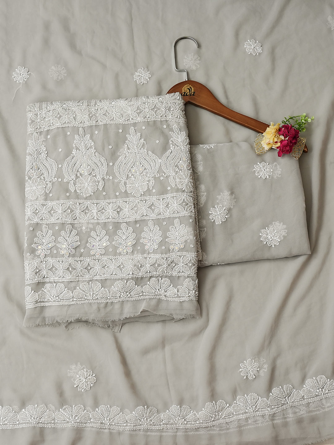 Ada Hand Embroidered Grey Faux Georgette Lucknowi Chikankari Unstitched Suit Piece With Cutdana Wrok 01A984939
