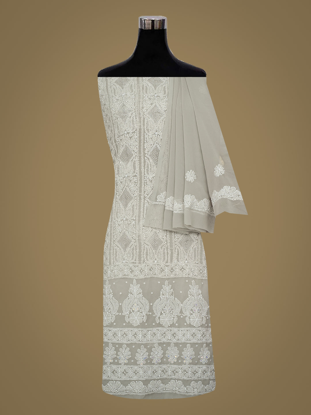 Ada Hand Embroidered Grey Faux Georgette Lucknowi Chikankari Unstitched Suit Piece With Cutdana Wrok 01A984939