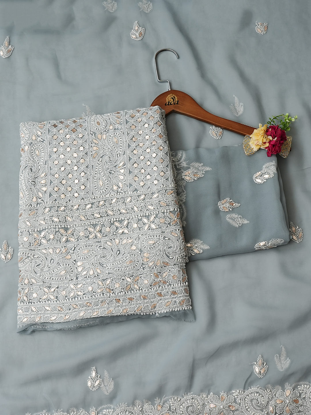 Ada Hand Embroidered Grey Faux Georgette Lucknowi Chikankari Unstitched Suit Piece With Gota Patti Work 01A998362