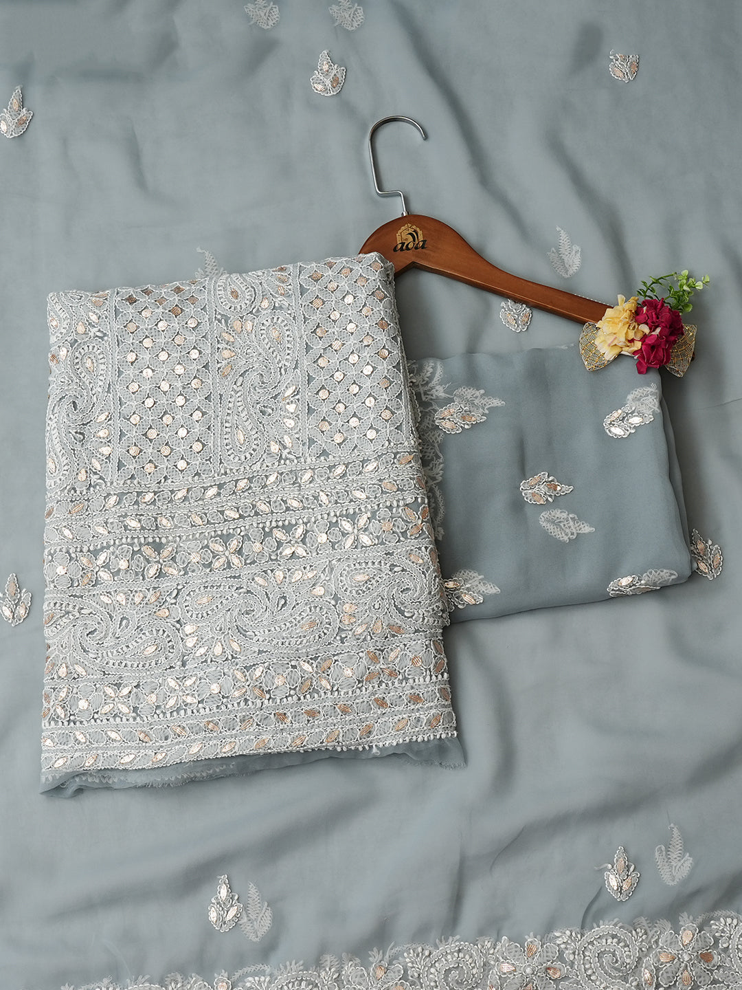 Ada Hand Embroidered Grey Faux Georgette Lucknowi Chikankari Unstitched Suit Piece With Gota Patti Work 01A998362