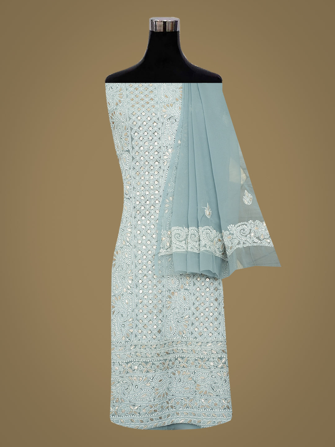 Ada Hand Embroidered Grey Faux Georgette Lucknowi Chikankari Unstitched Suit Piece With Gota Patti Work 01A998362
