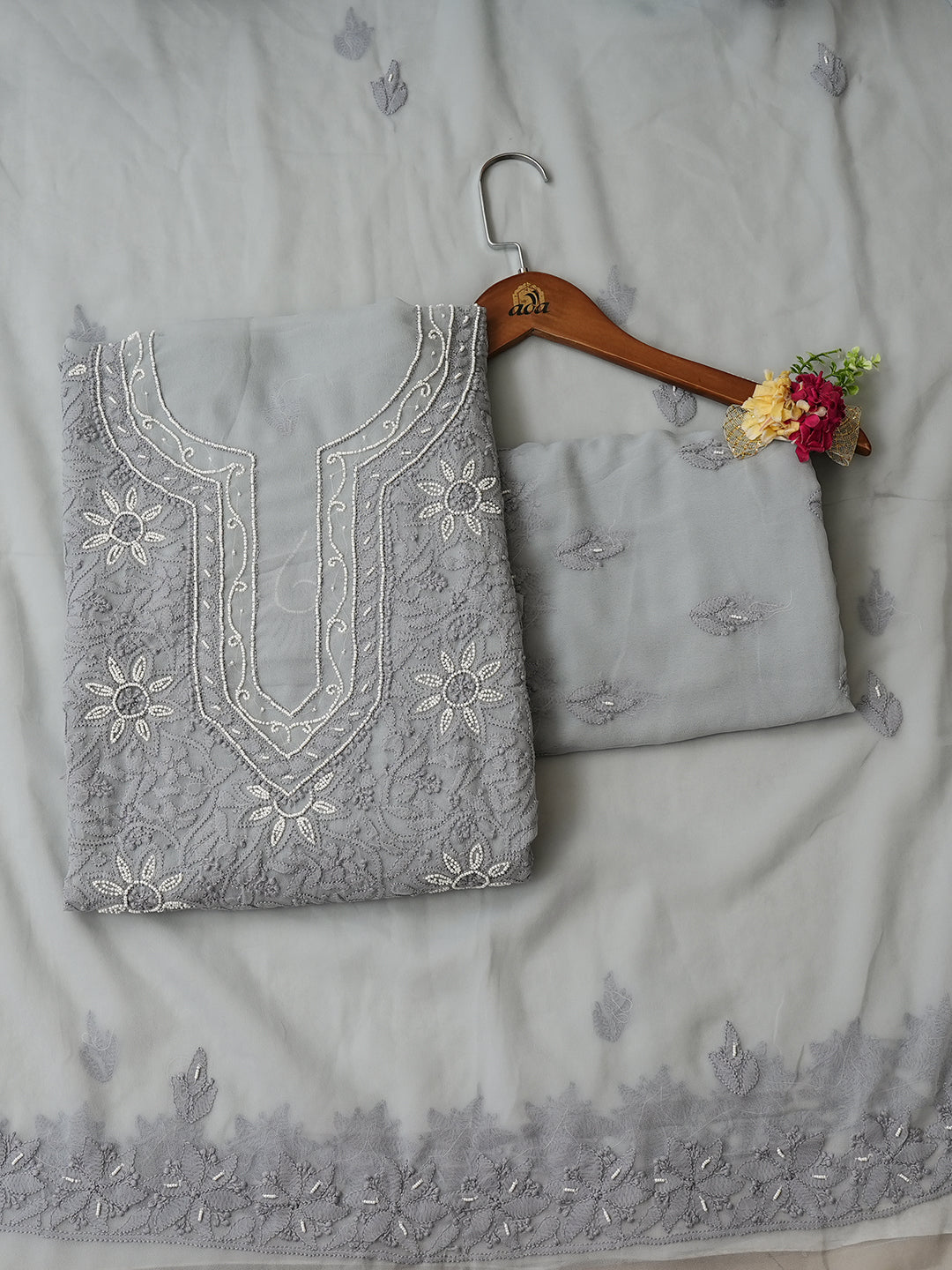 Ada Hand Embroidered Grey Faux Georgette Lucknowi Chikankari Unstitched Suit Piece With Pearl Work 01A998067