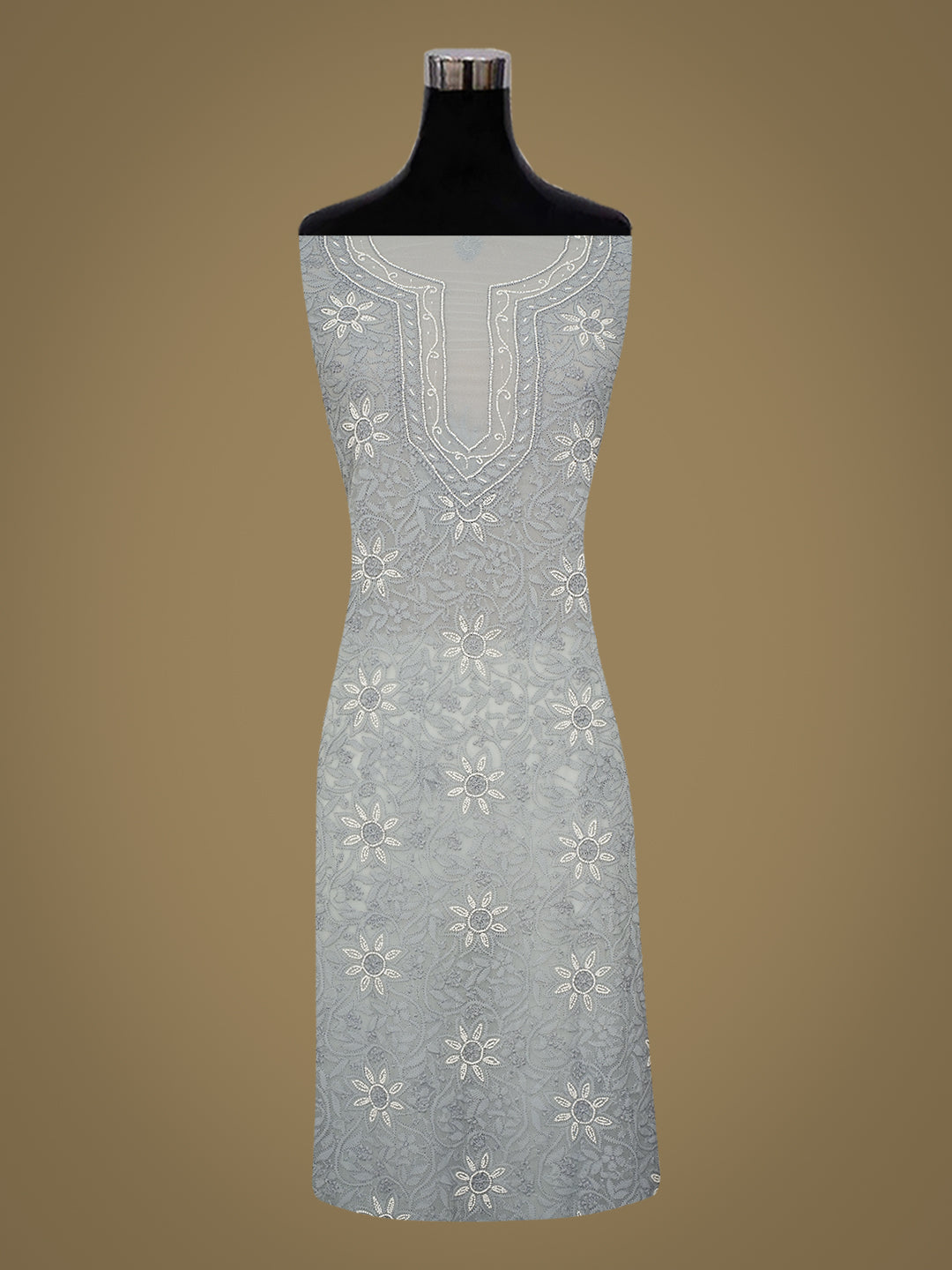 Ada Hand Embroidered Grey Faux Georgette Lucknowi Chikankari Unstitched Suit Piece With Pearl Work 01A998067