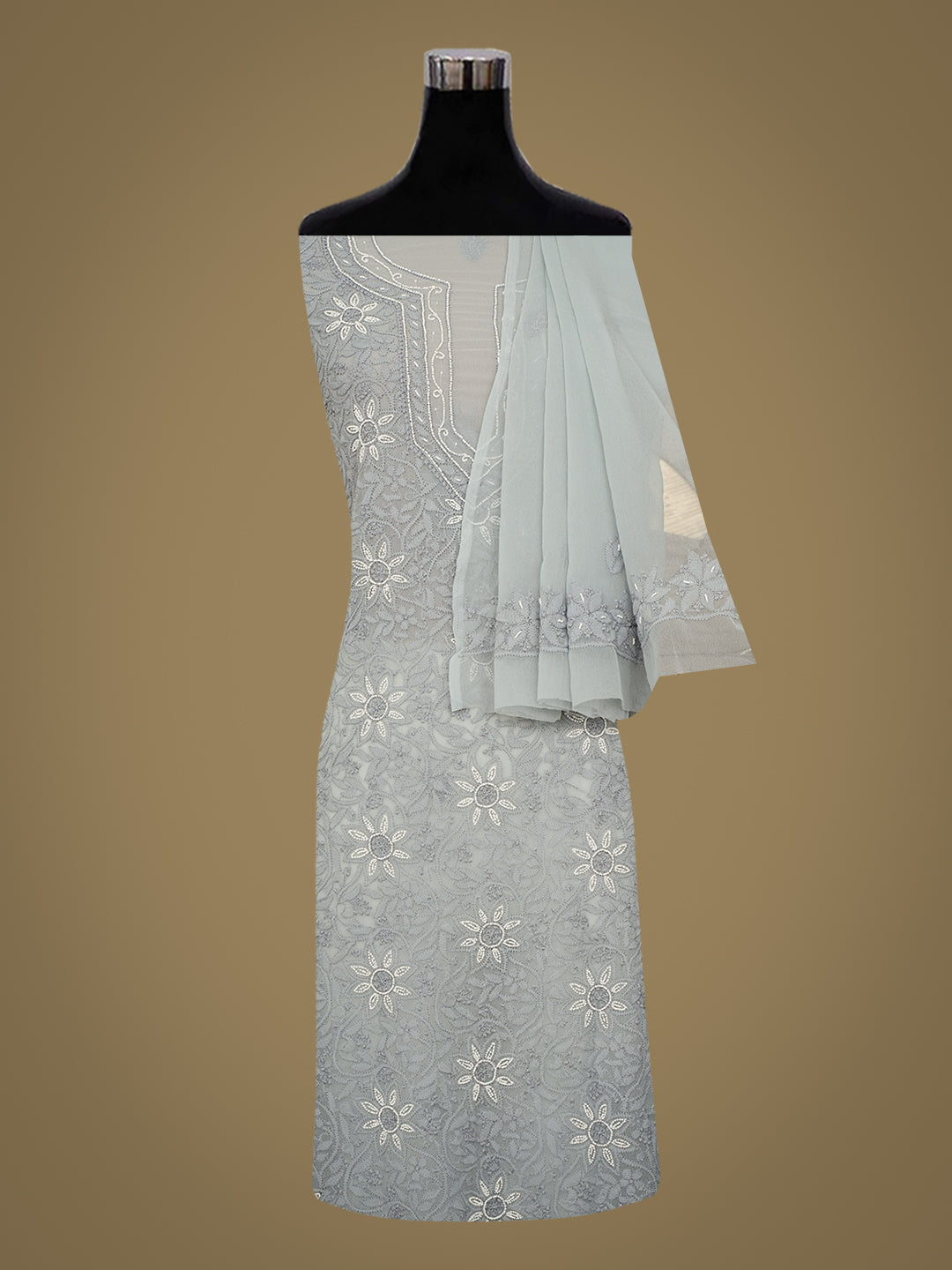Ada Hand Embroidered Grey Faux Georgette Lucknowi Chikankari Unstitched Suit Piece With Pearl Work 01A998067