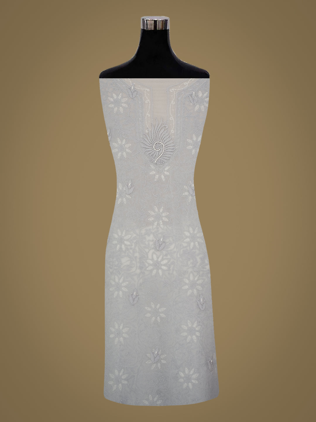 Ada Hand Embroidered Grey Faux Georgette Lucknowi Chikankari Unstitched Suit Piece With Pearl Work 01A998067