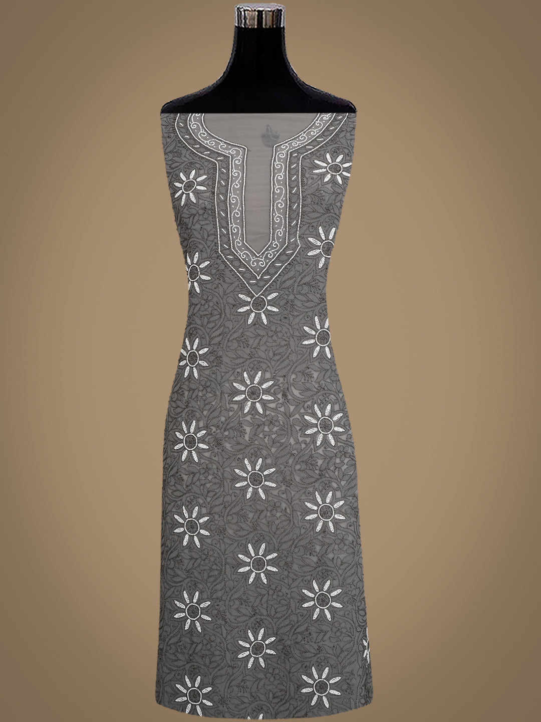Ada Hand Embroidered Grey Georgette Lucknowi Chikankari Unstitched Suit Piece With Pearl Work 01A998070