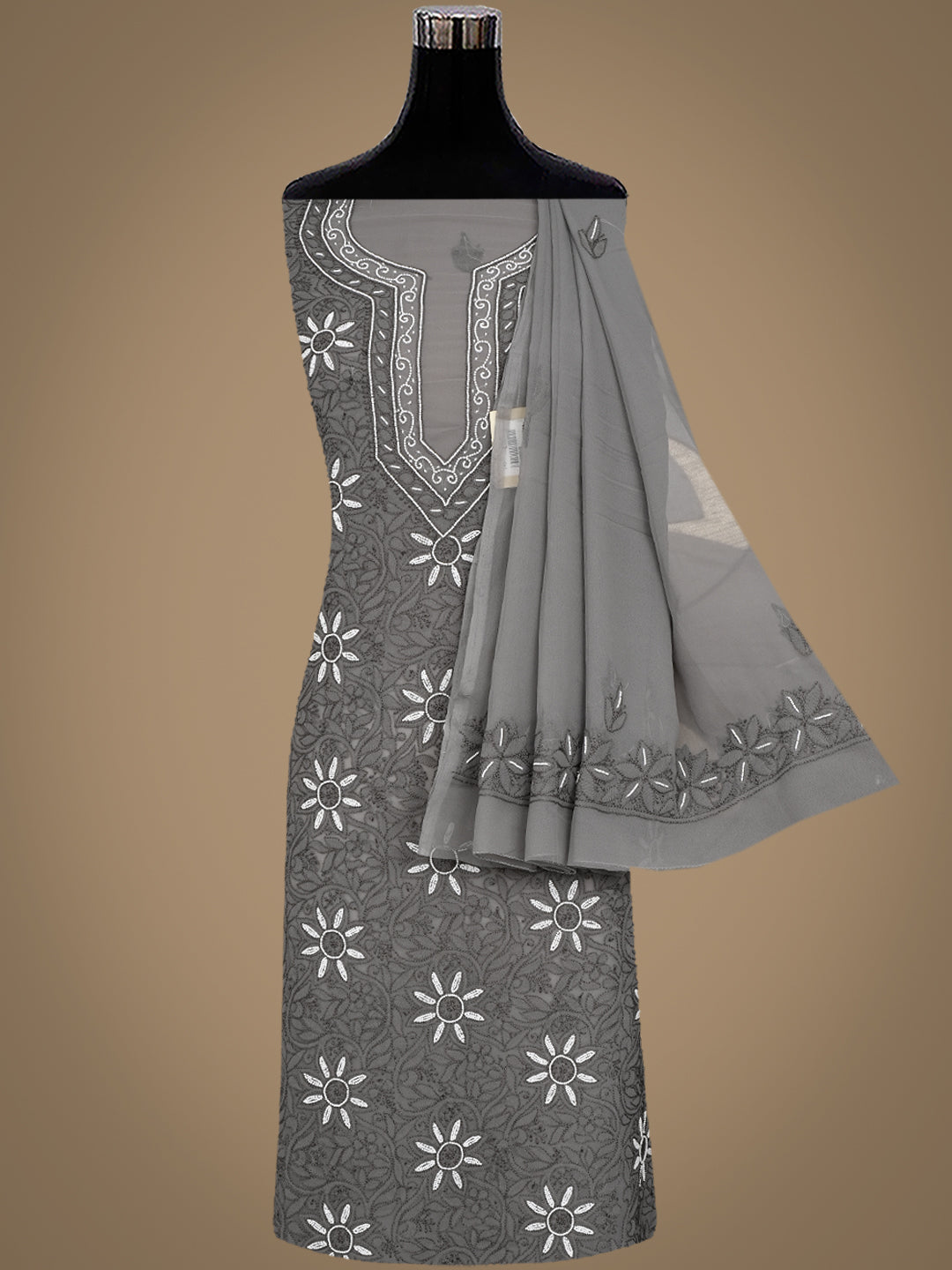 Ada Hand Embroidered Grey Georgette Lucknowi Chikankari Unstitched Suit Piece With Pearl Work 01A998070