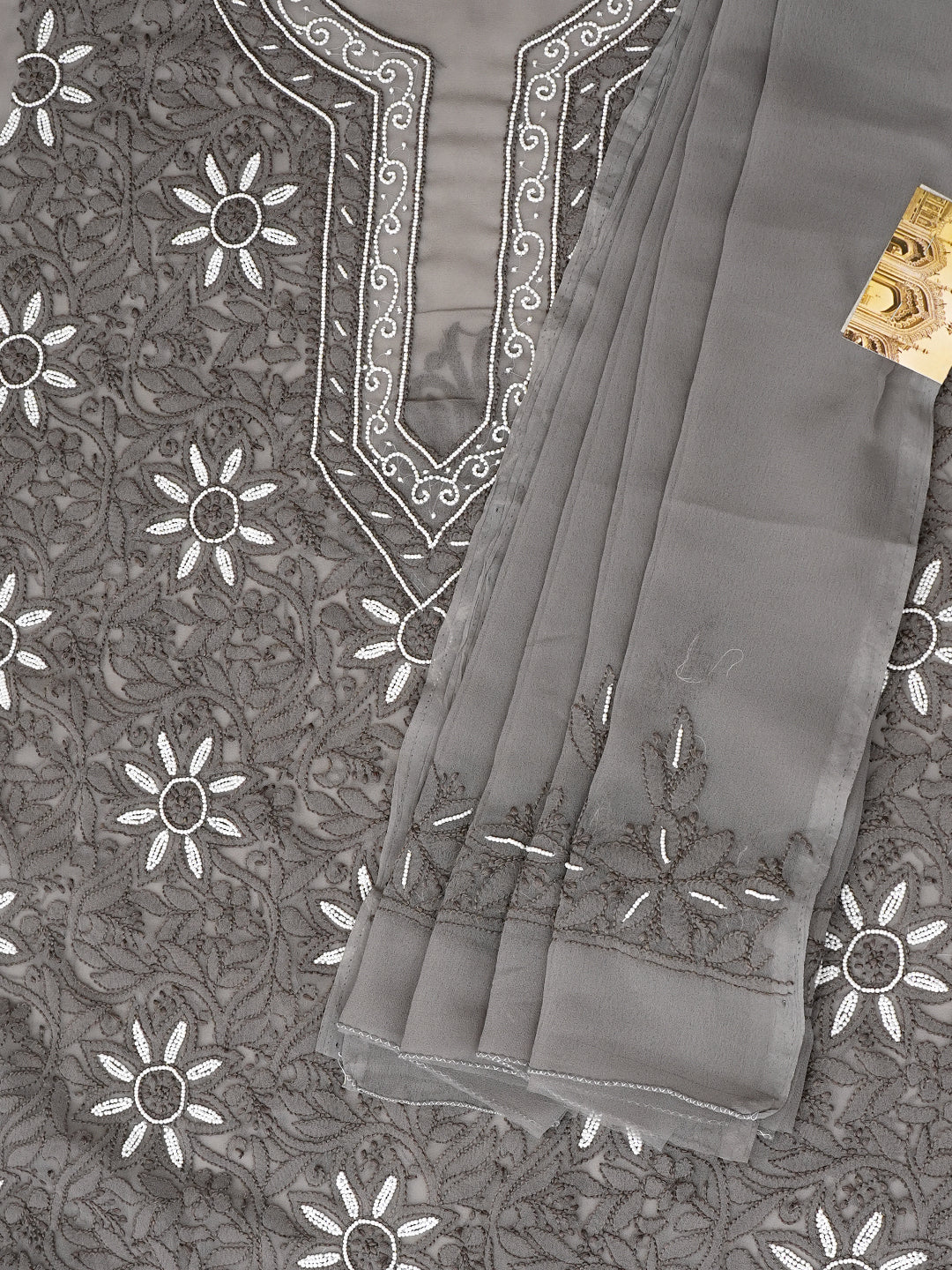 Ada Hand Embroidered Grey Georgette Lucknowi Chikankari Unstitched Suit Piece With Pearl Work 01A998070