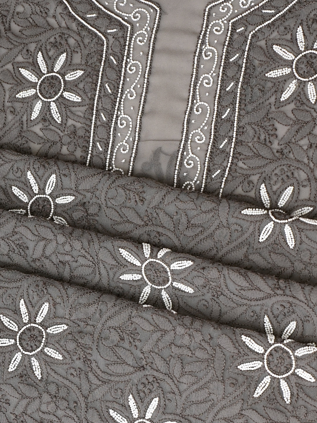 Ada Hand Embroidered Grey Georgette Lucknowi Chikankari Unstitched Suit Piece With Pearl Work 01A998070