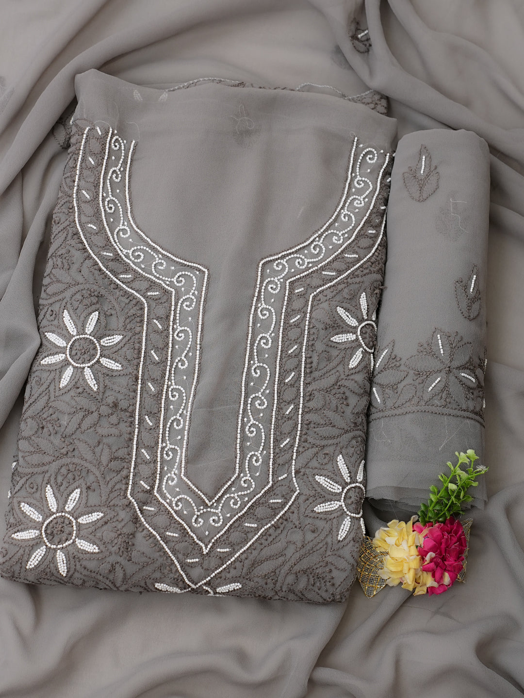 Ada Hand Embroidered Grey Georgette Lucknowi Chikankari Unstitched Suit Piece With Pearl Work 01A998070