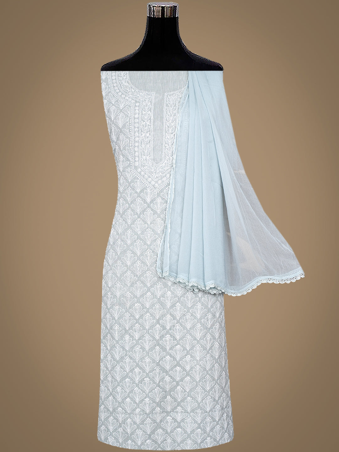 Ada Hand Embroidered Grey Khadi Cotton  Lucknowi Chikankari Unstitched Suit Set With Chiffon Dupatta 01A973031
