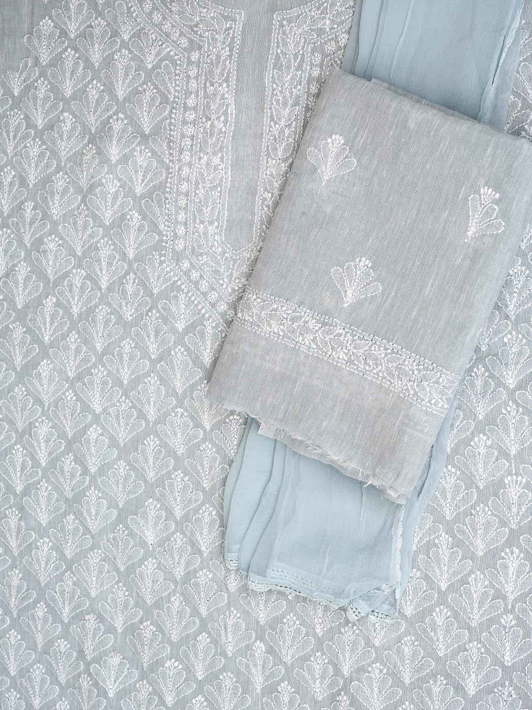 Ada Hand Embroidered Grey Khadi Cotton  Lucknowi Chikankari Unstitched Suit Set With Chiffon Dupatta 01A973031