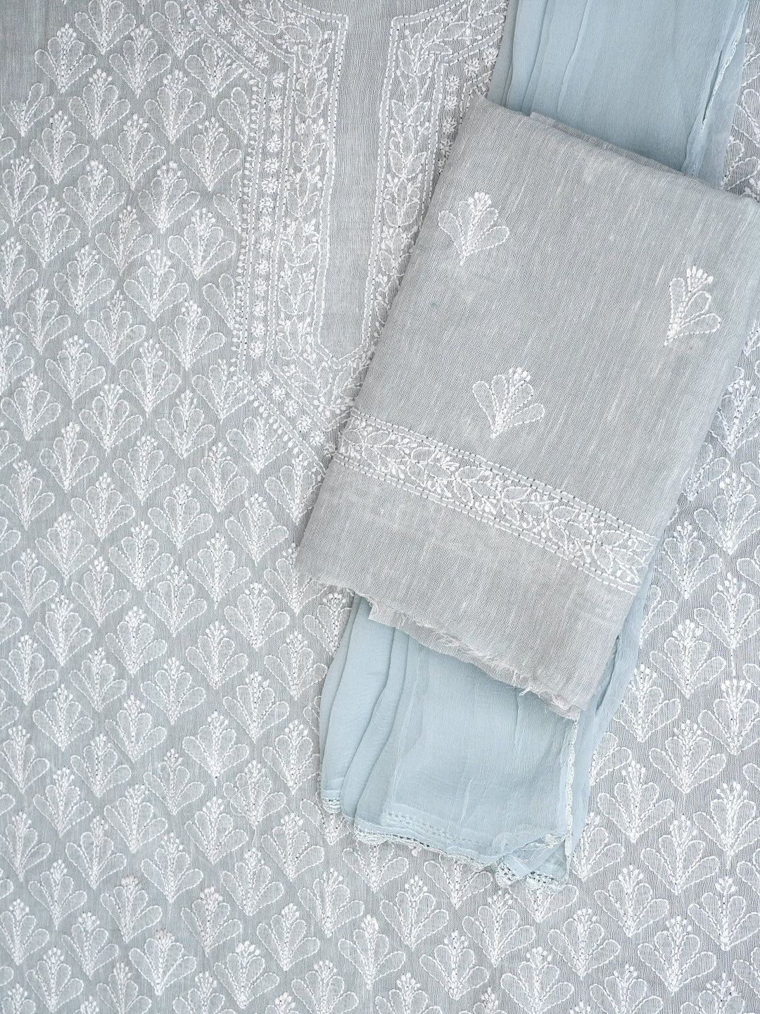 Ada Hand Embroidered Grey Khadi Cotton  Lucknowi Chikankari Unstitched Suit Set With Chiffon Dupatta 01A973031