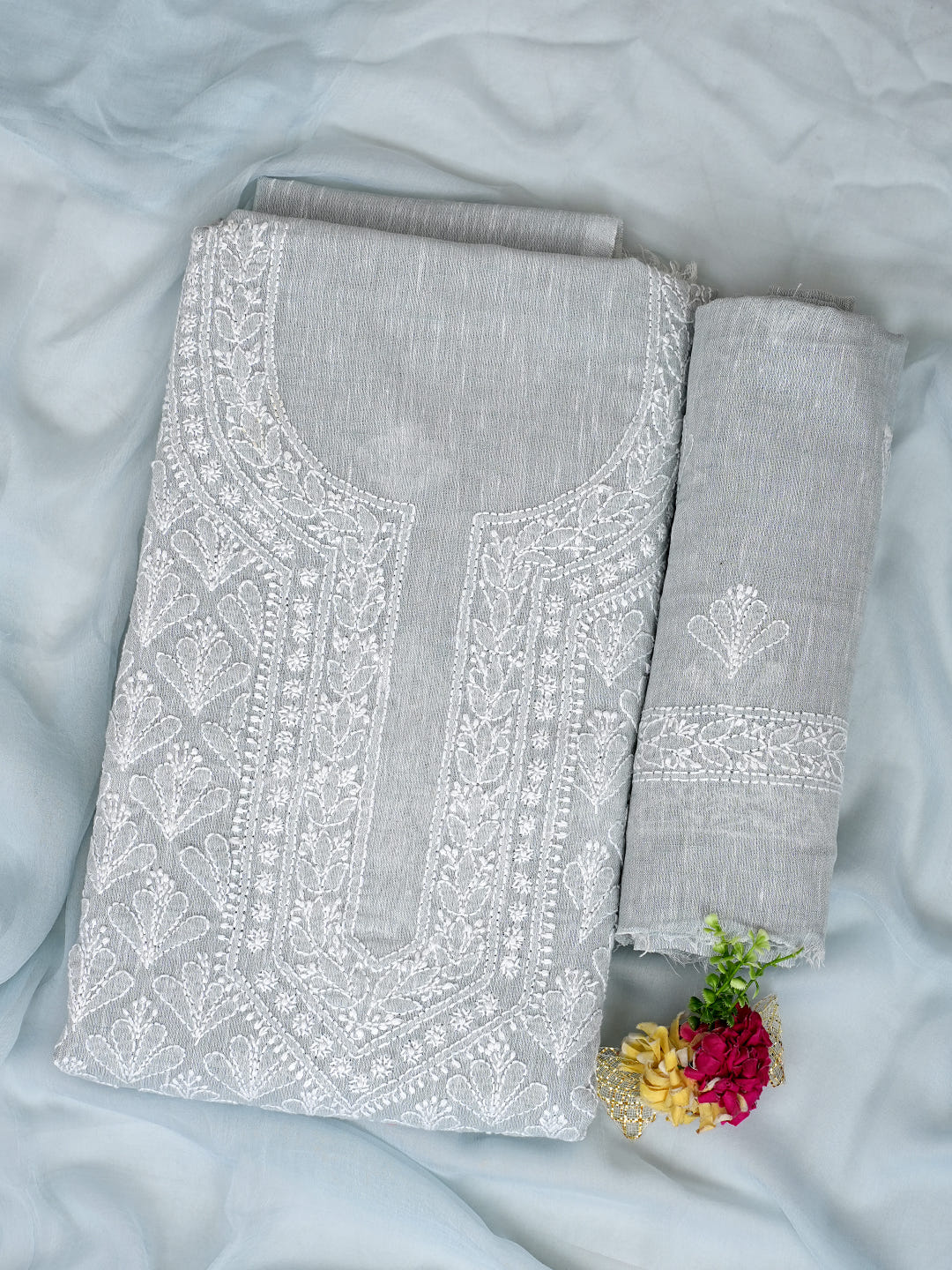 Ada Hand Embroidered Grey Khadi Cotton  Lucknowi Chikankari Unstitched Suit Set With Chiffon Dupatta 01A973031