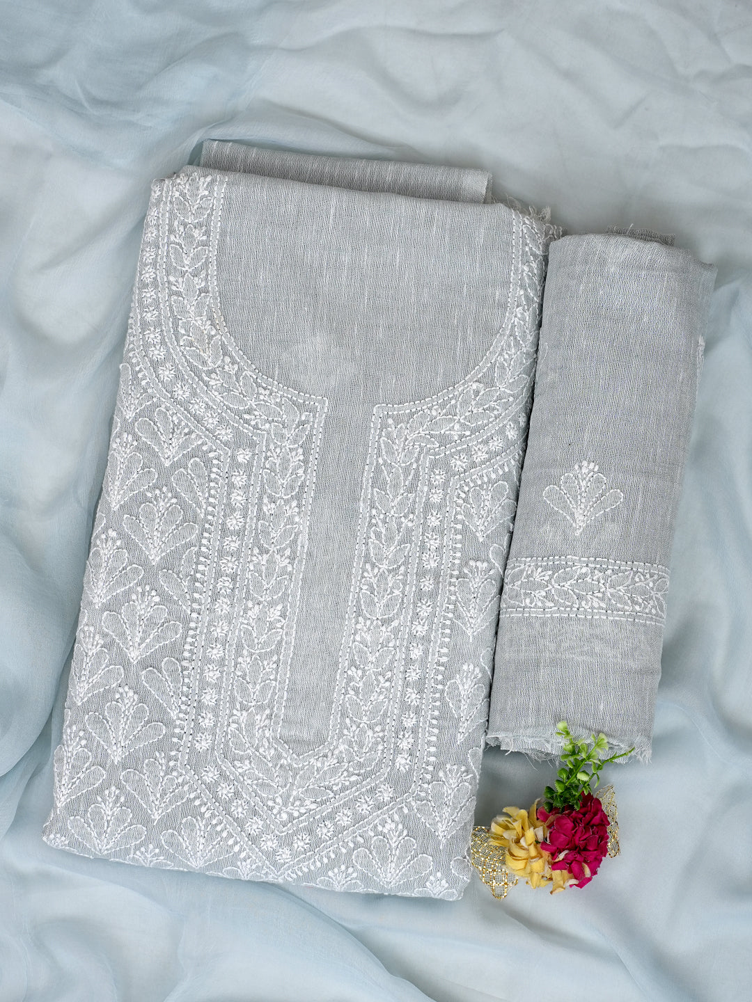 Ada Hand Embroidered Grey Khadi Cotton  Lucknowi Chikankari Unstitched Suit Set With Chiffon Dupatta 01A973031