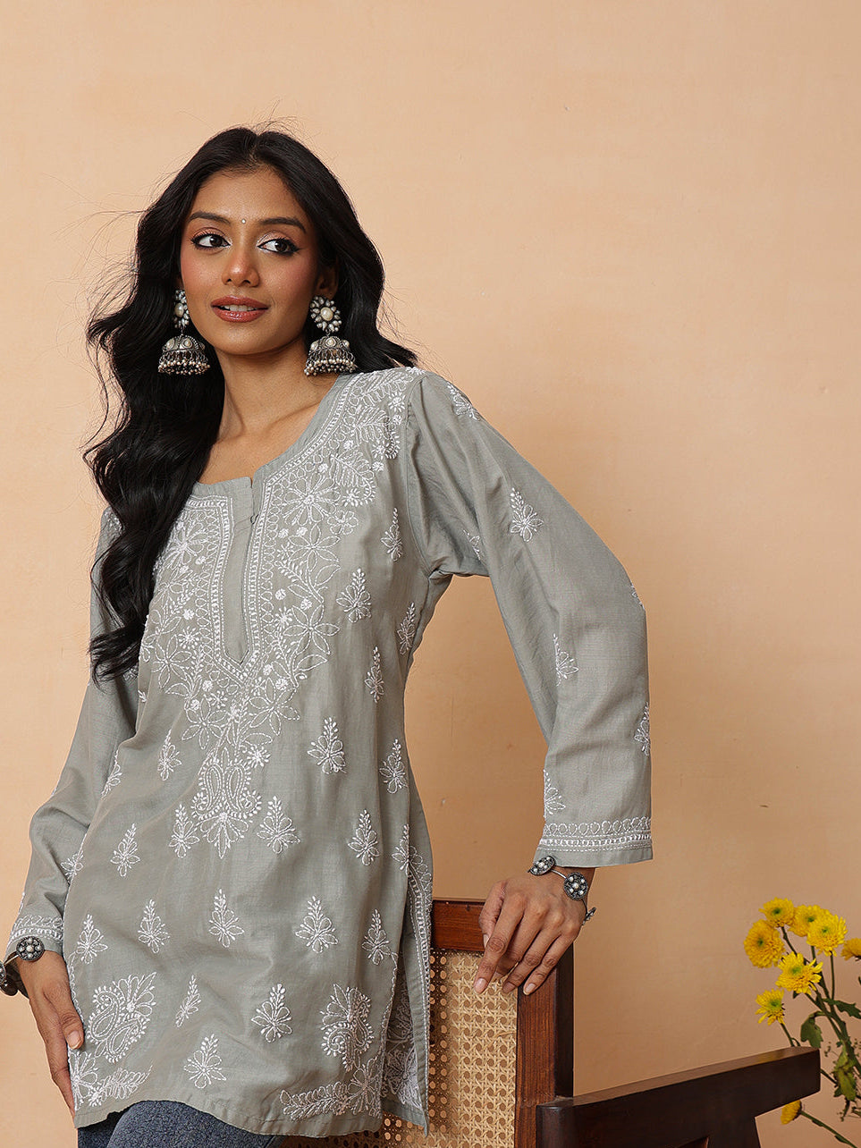 Ada Hand Embroidered Grey Cotton Lucknowi Chikankari Short Kurti A911583