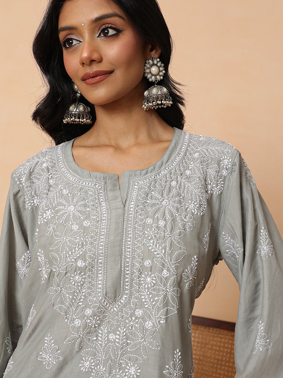 Ada Hand Embroidered Grey Maslin Lucknowi Chikankari Short Kurti A911583