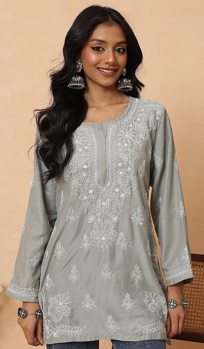 Ada Hand Embroidered Grey Cotton Lucknowi Chikankari Short Kurti A911583