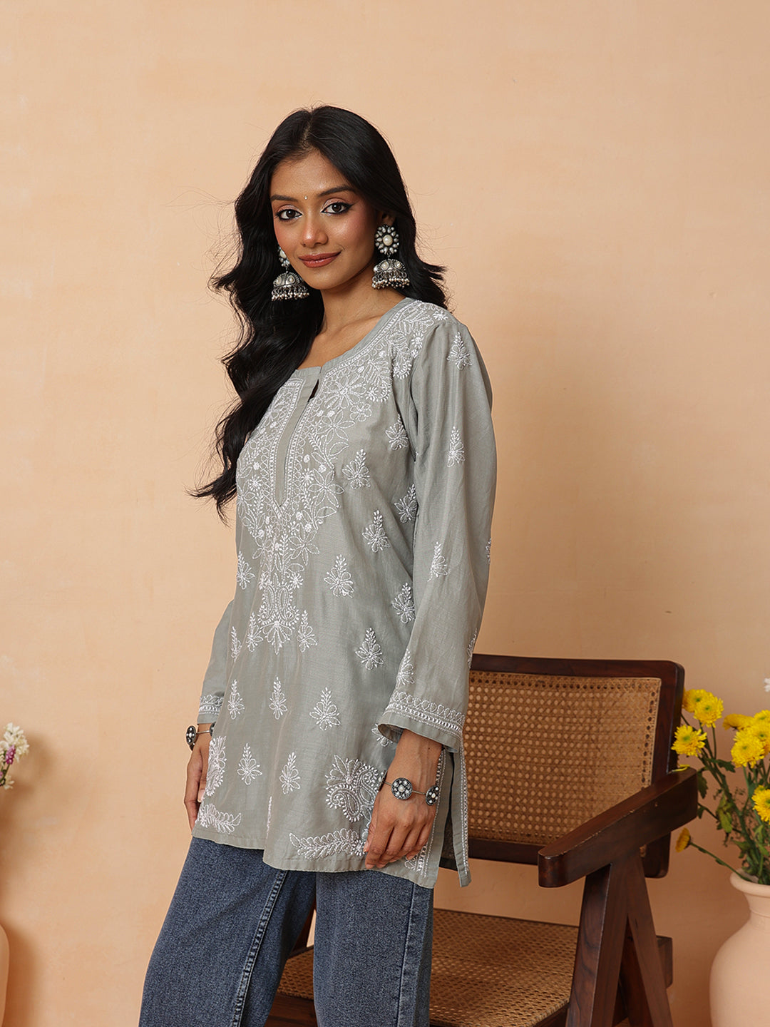 Ada Hand Embroidered Grey Maslin Lucknowi Chikankari Short Kurti A911583