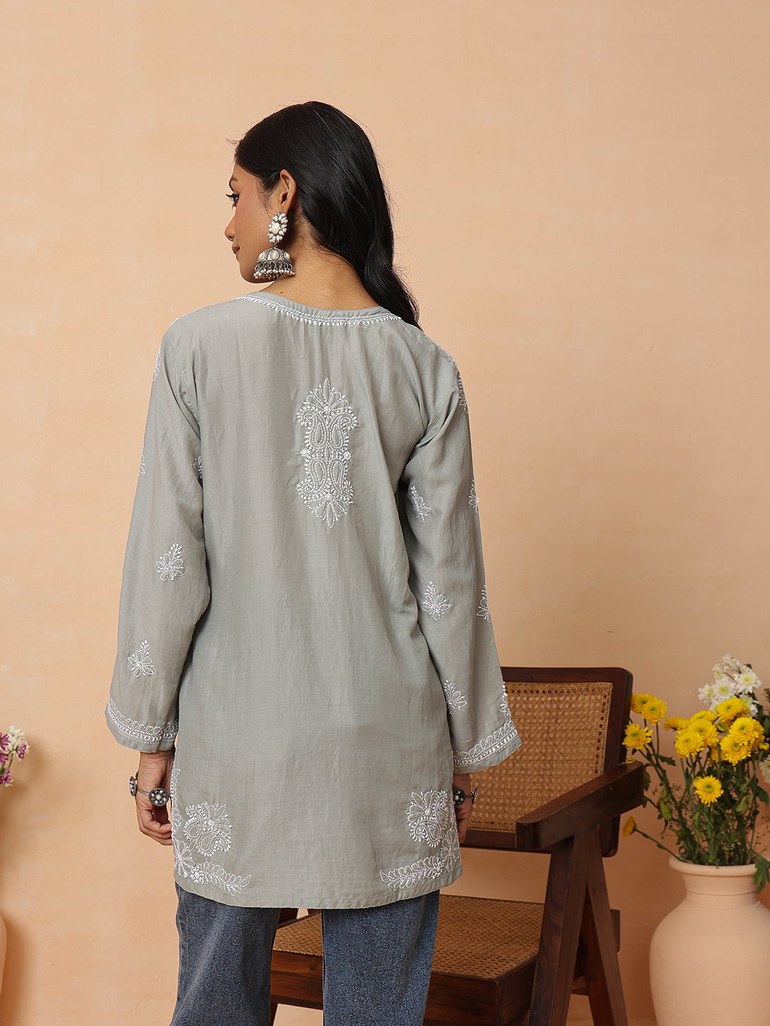Ada Hand Embroidered Grey Maslin Lucknowi Chikankari Short Kurti A911583